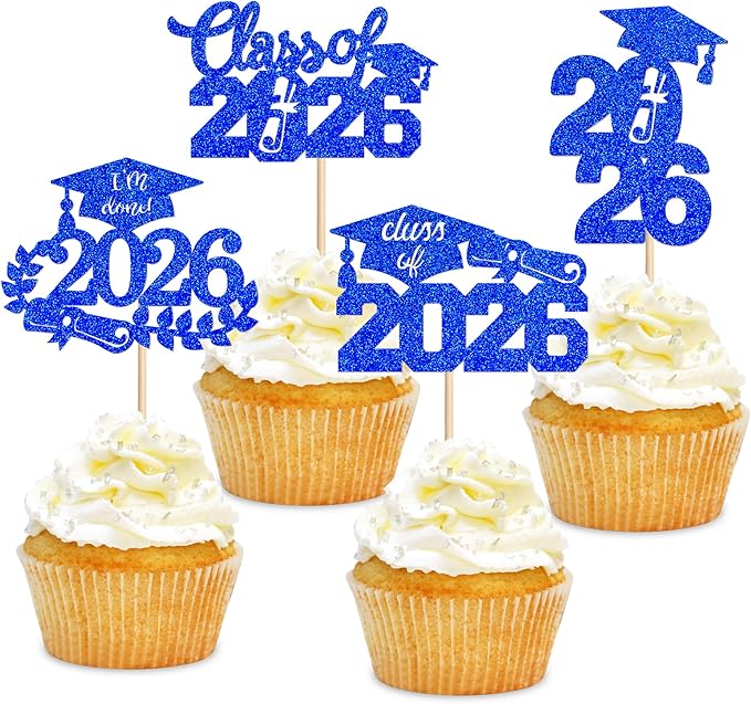 Graduation Cupcake Toppers 2026 Food/Appetizer Picks For Graduation Party Mini Cake Decorations 2026 Cupcake Toppers Graduation 24 Pieces (blue)