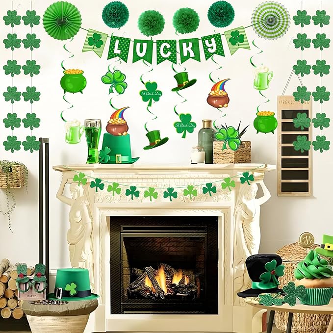 36 Pcs St Patricks Day Decorations Kit with Paper Flowers and Fan, Lucky Banner, Shamrock Garland and Shamrock Hanging Swirls Decor for Home Saint Patrick Party Supplies