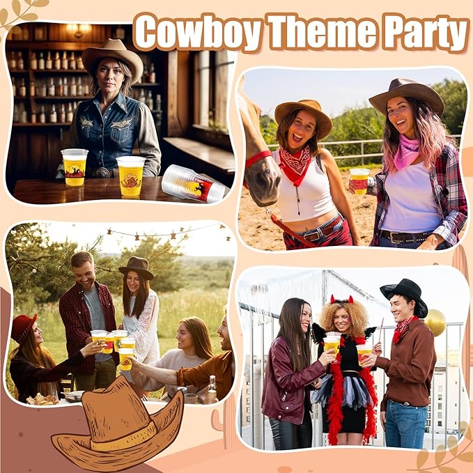 50Pcs Western Cowboy Plastic Cups,12 OZ Disposable Cowboy Themed Drinking Cups for Western Themed Parties, Tailgate Events,Christmas Wedding Birthday Rodeo Party Supplies Decorations Favors