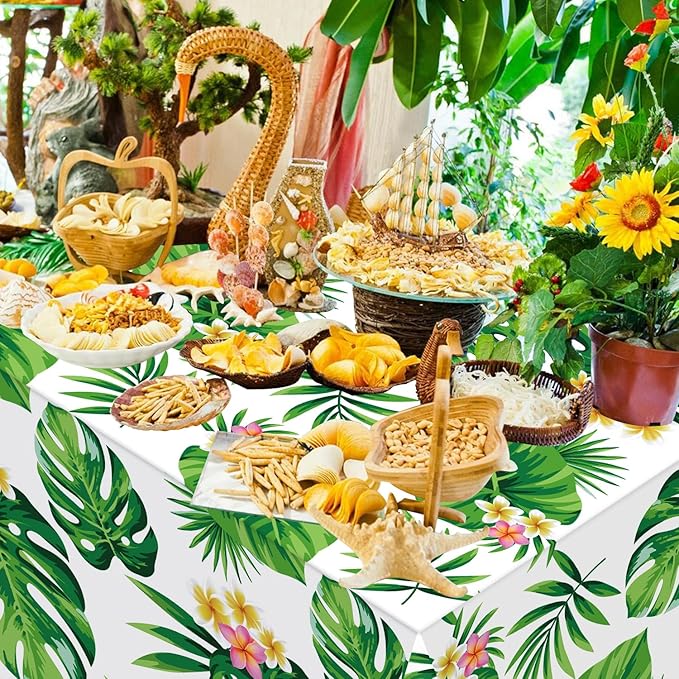 4 Pack Hawaiian Luau Tablecloths Tropical Palm Leaves Table Cloth Hawaiian Luau Table Cover Palm Leaves Table Cloth Baby Birthday Birthday Party Summer Pool Tropical Party Decorations 86 x 51 IN