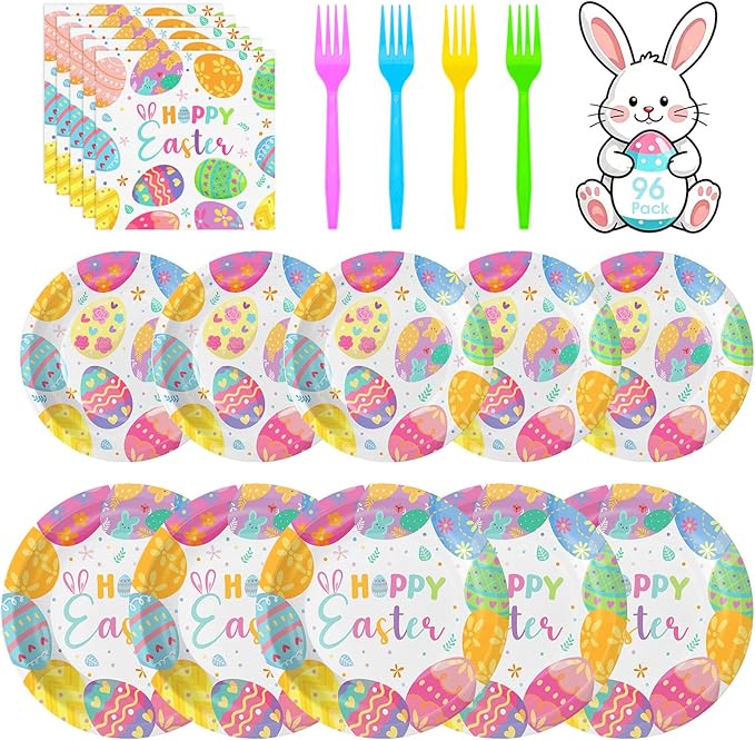 96 Pcs Happy Easter Plates and Napkins Forks Sets - Colorful Eggs Themed Round Tableware, Disposable Spring Flowers Paper Plates Napkins Set for Easter Party Supplies Favors Table Decor, Serves 24