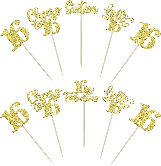 15PCS Happy 16th Birthday Centerpiece Sticks Hello 16 Fabulous Table Flower Centerpieces Sticks Sixteen Cheers to 16 Years Floral Decoration for Happy 16th Birthday Party Centerpieces Sticks Gold