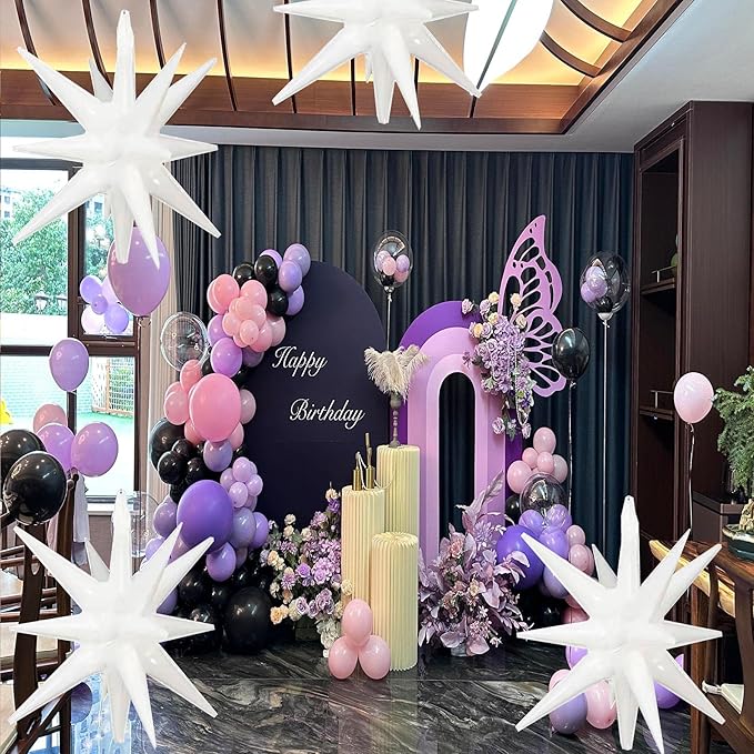 6 Pcs White Star Foil Balloons One-Piece 14-Pointed Star Balloon 4D Cone Mylar 22inch Christmas Birthday Wedding Fireworks Shape Party Supplies (White) ﻿