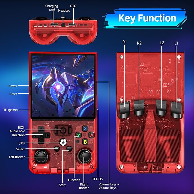 R36MAX Handheld Game Console, Retro Gaming Console with 4000mAh Battery 4.0”IPS Screen, Open Source Linux System, with 64GB TF Card Portable Video Gaming Console, Transparent Ruby