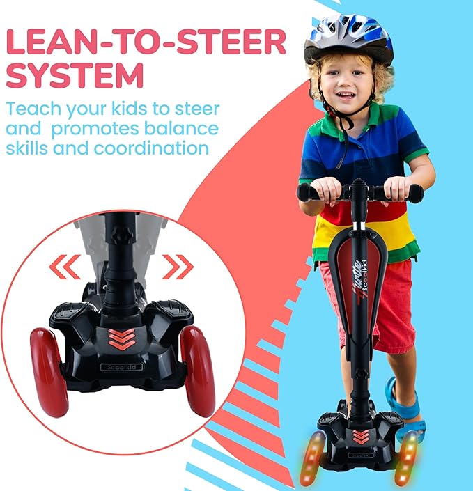 Hurtle 3-Wheeled Scooter for Kids - Wheel LED Lights, Adjustable Lean-to-Steer Handlebar, and Foldable Seat - Sit or Stand Ride with Brake for Boys and Girls Ages 1-14 Years Old