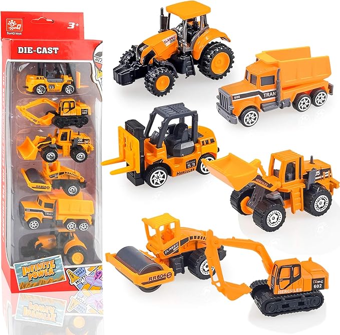 6 Pack Diecast Construction Toys, Mini Excavator Toy Alloy Construction Truck Model Set for Boys Age 3 4 5 6 7 Years Old, Kids Toddlers Birthday Gifts & Party Favors & Easter Basket Stuffers