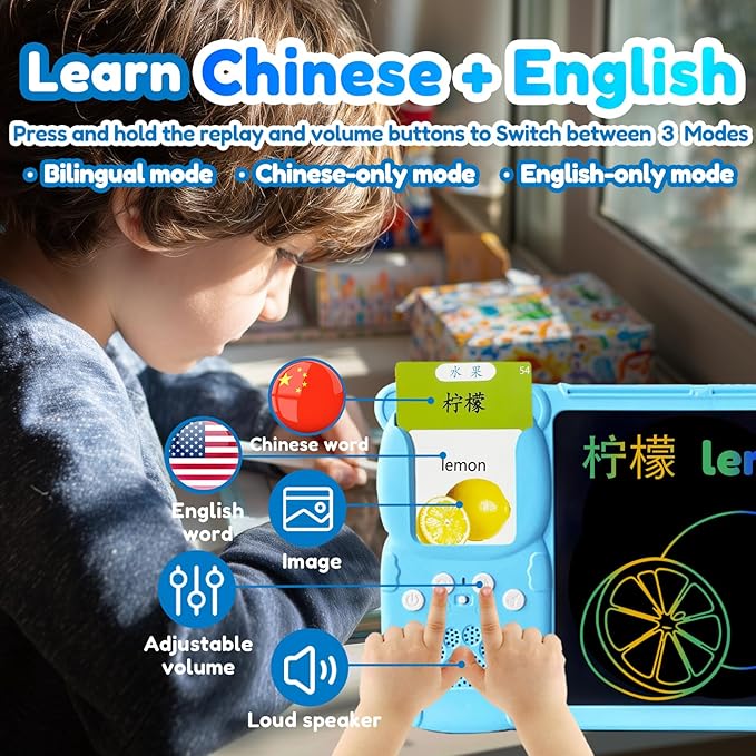 Drawing Tablet with Bilingual Flashcards for Kids - Chinese English Talking Flash Cards, LCD Writing Pad Board, Pocket Speech for Toddlers, Learning Toy Gift for Boys Girls (Chinese, Blue)