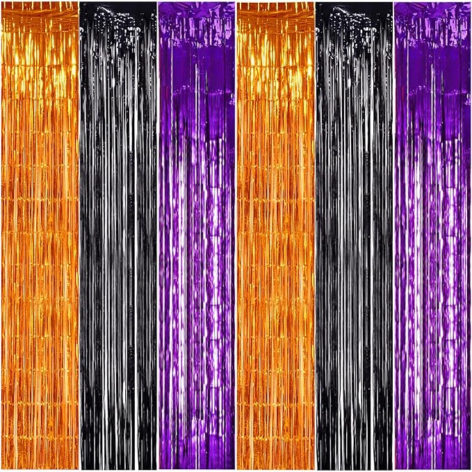 TONIFUL 2Pcs Orange Purple Black Metallic Tinsel Foil Fringe Curtains,3.28ft x 6.56ft Halloween Photo Booth Backdrop Streamer,Photo Props,for Party Door Wall Curtains Wedding Birthday(9.9ft x 6.6ft)