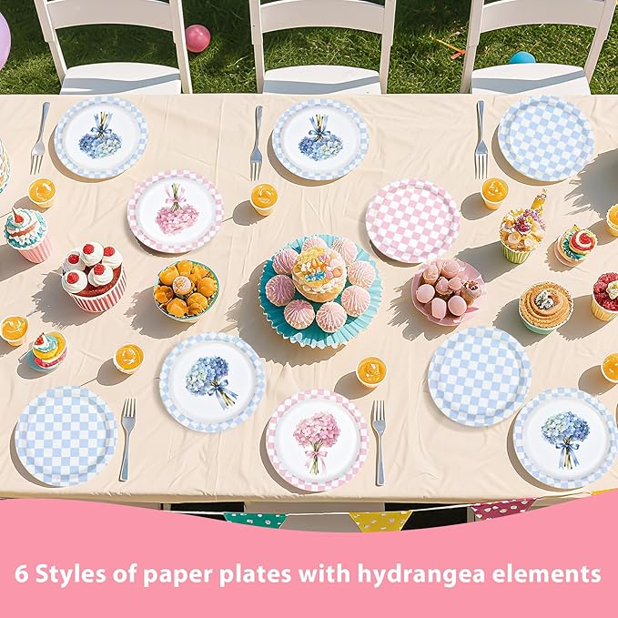 60Pcs Hydrangea Plaid Paper Plates 9" Heavy Duty Disposable Blue Pink Floral Dessert Plates Flower Checkered Party Decorations for Spring Baby Shower Wedding Bridal Shower Birthday Party Supplies