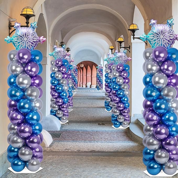 2 Sets Snow Party Balloon Column Stand Kit with 102 Balloons Winter Wonderland 5.57ft Adjustable Balloon Tower Stand with Bases Snowflake Balloons Arch Column for Girl Princess Birthday Party Supplies