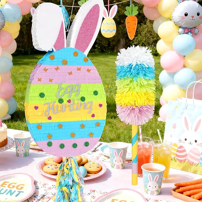 25" Easter Decorations Pinata Bunny Egg Piñata with Blindfold, Bat and Filler, Funny Cute Party Favors for Cute Birthday Pinata Egg Theme Kids and Adults Party Supplies Decoration