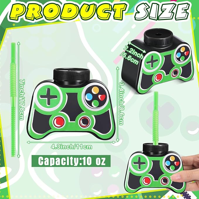 Mifoci 24 Pcs Plastic Video Game Party Cups with Straw and Lid 10oz Gamer Birthday Themed Drink Cups 7th Video Game Party Favors for Kids Toddlers Gamer Birthday Supplies (Green)