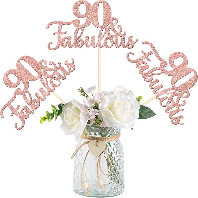 12 PCS 90 and Fabulous Centerpiece Sticks Double Sided Happy 90th Birthday Table Flower Centerpieces Sticks Cheers to 90 Floral Decorations for 90th Birthday Anniversary Party Supplies Rose Gold