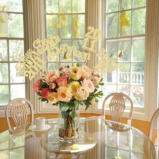 Gyufise 15Pcs Happy 15th Birthday Centerpiece Sticks Fifteen Straight Outta 2011 Table Flower Centerpieces Sticks for Cheers to 15th Birthday Party Supplies Gold