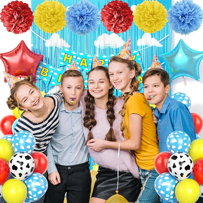 Red Yellow Blue Birthday Decoration,Blue Sky White Clouds Party Supplies,Include Balloons Happy Birthday Banner Fringe Curtain Tissue Paper Pompoms Garland