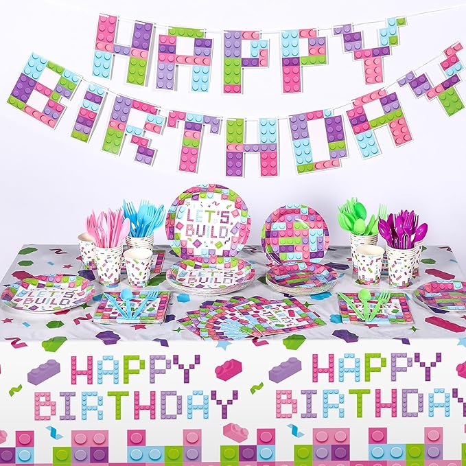 Gejoy 171 Pcs Building Block Birthday Party Supplies Tableware Kit Include Plates Cups Knives Forks Spoons Napkins Tablecloths Banner for Girls Birthday Party Decoration Serve 24 Guest (Sweet Color)