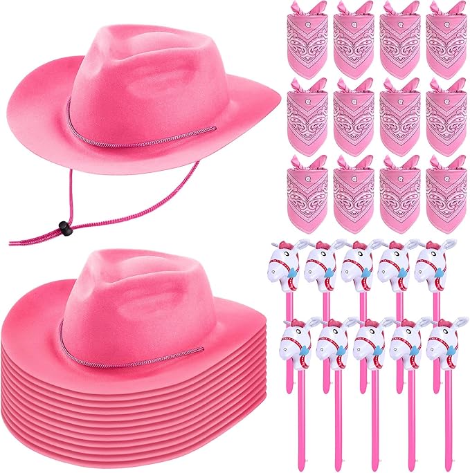 Xtinmee 36 Pcs Cowboy Party Costume Set, Cowboy Hats Paisley Bandanas Inflatable Stick Horses Kids Party Supplies
