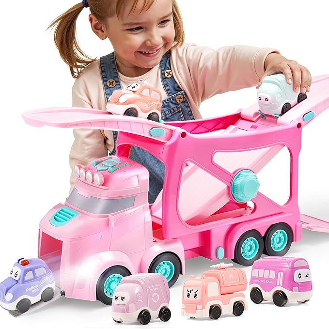 JOVA Extra Large Toy Trucks for Toddlers, 3-Layer Princess Pink Trucks for Girls, 7-in-1 Big Carrier Truck with Siren & Lights and 6 Toy Cars, Birthday Gifts for Girls