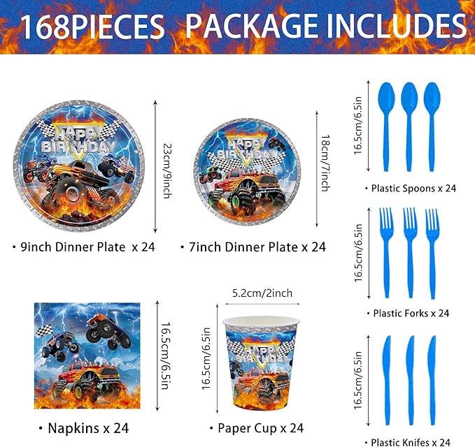 168pcs Monster Truck Party Decorations Plates Napkins Disposable Paper Cups Monster Car Tableware Set Birthday Party Supplies for Kids Boys 1st 2nd 3rd Birthday Decor Serves 24 Guests