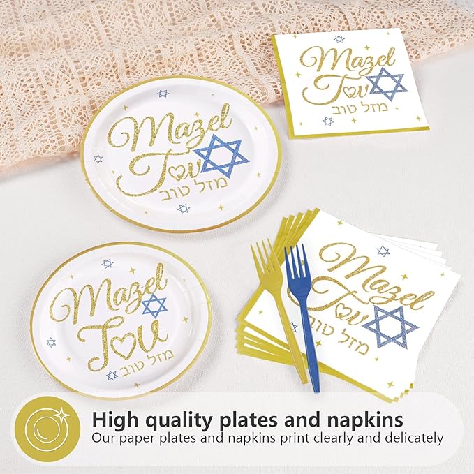 96Pcs Mazel Tov Party Decorations Congratulations Plates and Napkins Gold Blue Disposable Paper Tableware Set for Bar Mitzvah Bridal Shower Engagement Jewish Party Supplies Serves 24