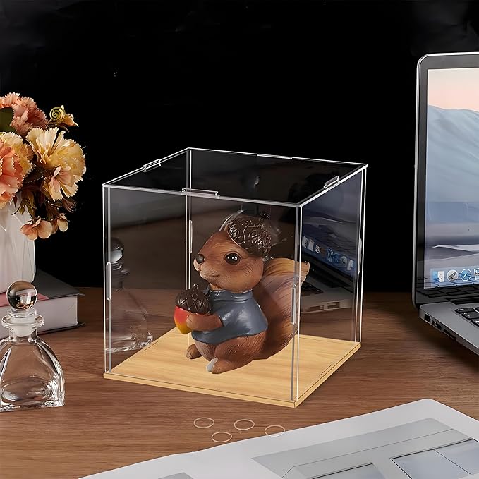 Thickened Clear Acrylic Display Case Box with Wood Base Transparent Protection Showcase Organizer Self-Assembly Dustproof for Collectibles Toys, 4x4x14in(Length x Width x Height)