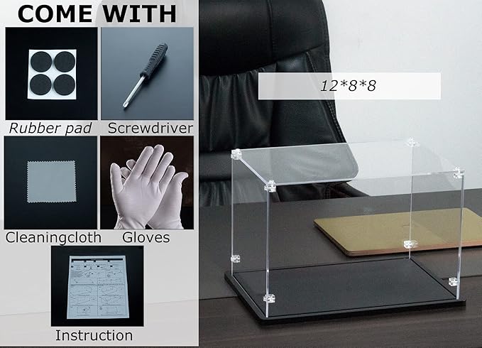 Acrylic Display Case 12x8x8 Inch - 3mm Thick Acrylic Display Box with Black Wooden Base, Assemble Dustproof Showcase Clear Display Case for Collectibles Figures Doll Toys Models Organizing