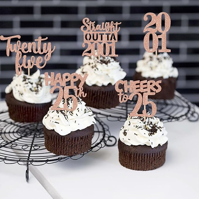30PCS 25th Birthday Cupcake Toppers Glitter Twenty Five Happy 25 Straight Outta 2001 Cupcake Picks for Cheers to 25 Years 25th Birthday Anniversary Party Cake Decorations Supplies Rose Gold