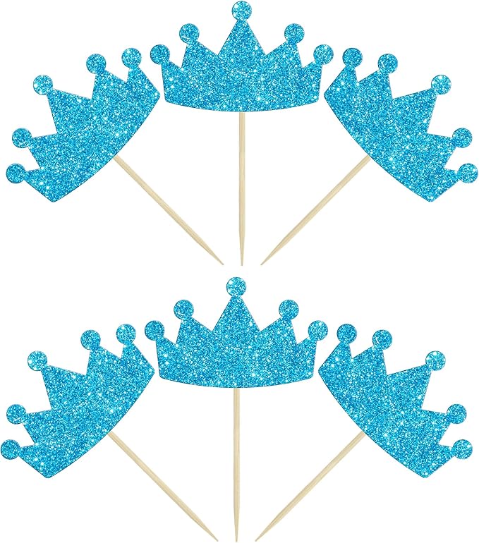 Ephlyn 24Pcs Crown Cupcake Toppers Glitter Queen Crown Cupcake Picks for Queen Princess Theme Baby Shower Girls Wedding Birthday Party Cake Decorations Supplies Blue