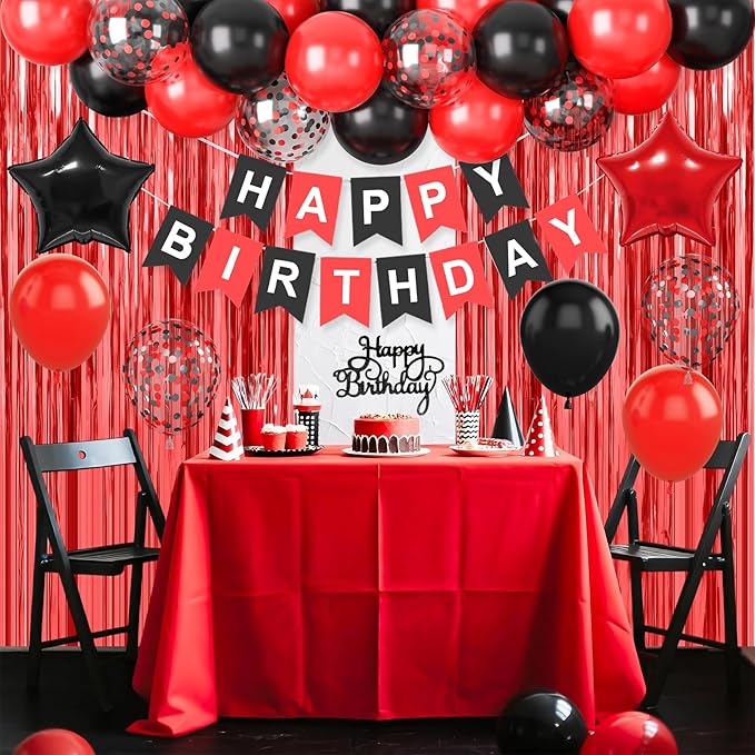 Red and Black Party Decorations, Birthday Decorations Supplies with Red Black Balloon Happy Birthday Banner Fringe Curtains Foil Balloons Cake Topper for Boys Girls Men Women Party Decor