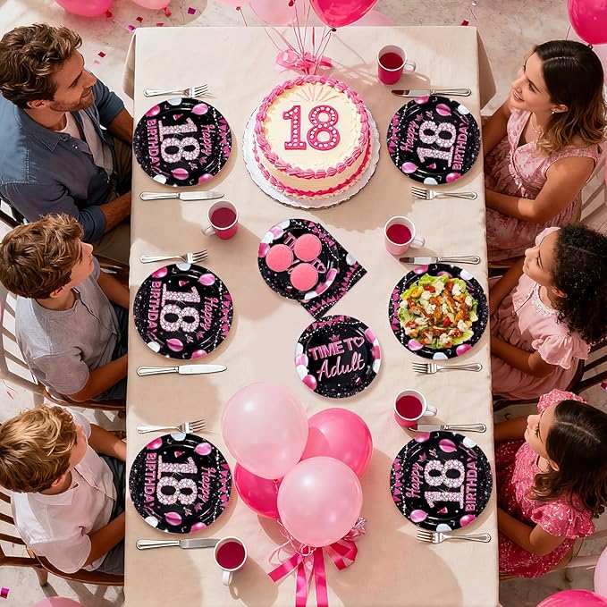 96Pcs 18th Birthday Party Supplies Black and Hot Pink Plates Forks and Napkins Diamond Sweet Theme Disposable Paper Tableware Set for Girls 18 Year Old Birthday Party Supplies Serves 24