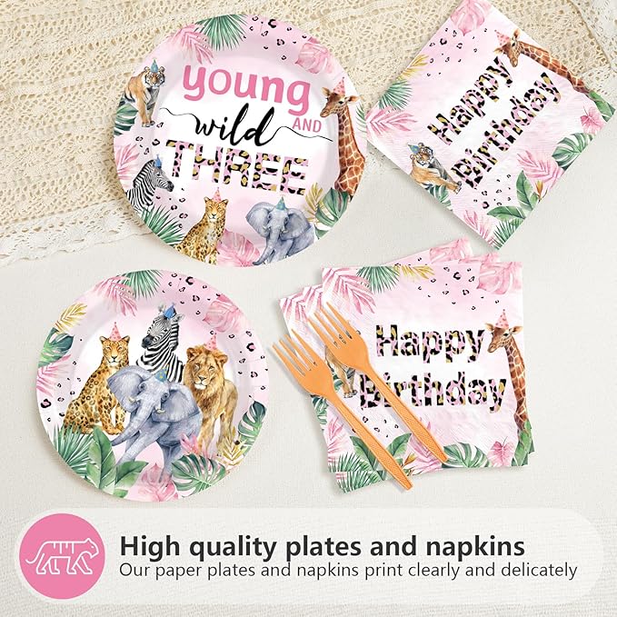 96Pcs Young Wild and Three Party Supplies Safari 3rd Birthday Plates and Napkins Safari Jungle Animal Disposable Paper Tableware Set for Girl 3 Year Old Birthday Party Supplies Serves 24