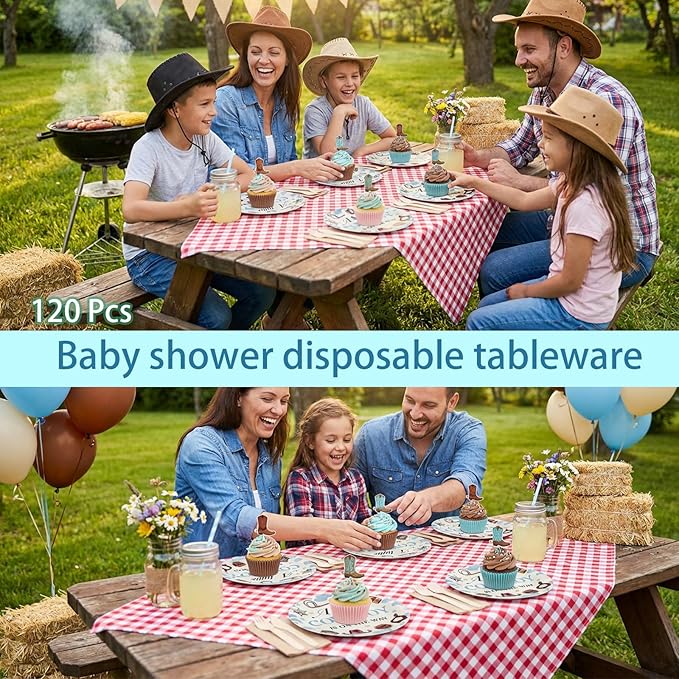 120 Pcs a Little Cowboy Is on The Way Baby Shower Paper Plates Cowboy Disposable Paper Plates Baby Shower Party Supplies for Girl Boy Spring Decoration