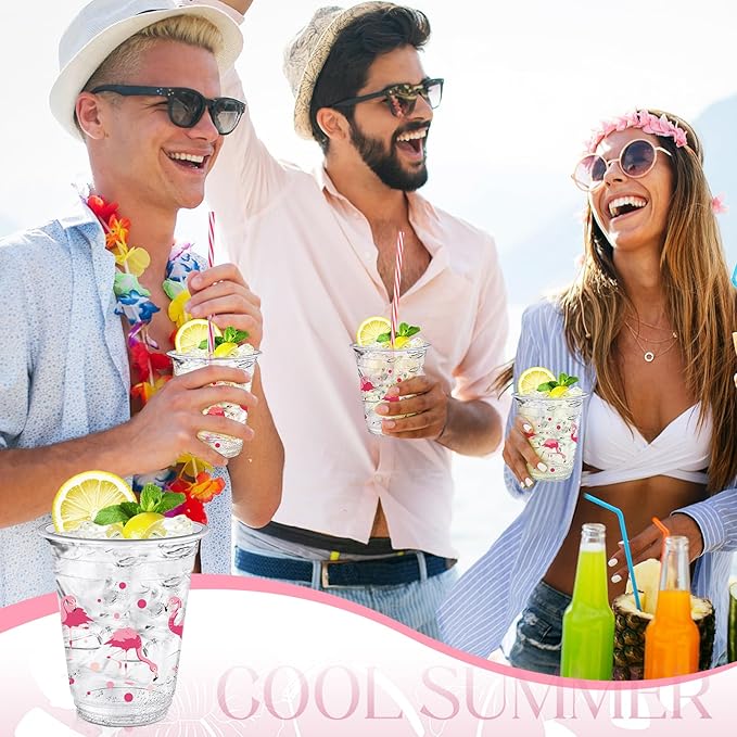 Uiifan 50 Pcs Flamingo Plastic Cups Bulk Summer Tropical Party Favor 12 oz Disposable Pink Flamingo Cups Hawaiian Luau Birthday Party Supplies for Hot Cold Drinking Beverage Bridal Shower Wedding