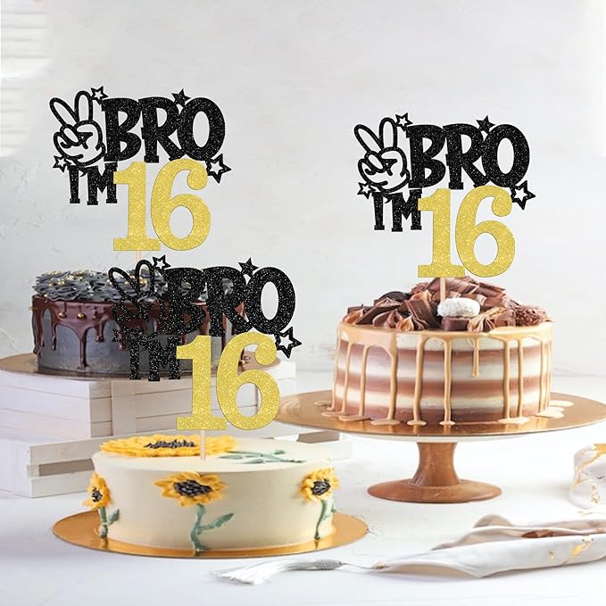 1 PCS Brother I'm 16 Cake Topper Glitter Star Happy 16th Birthday Cake Pick Bro I'm 16 Cake Decoration It's My 16th Birthday Decorations for Boys Cheers to 16 Years Birthday Party Supplies Gold