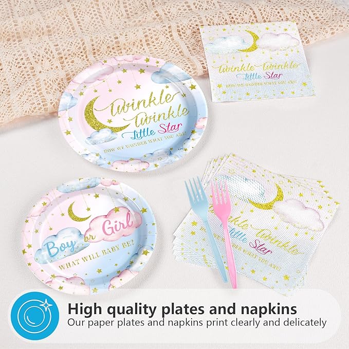 Grencian 96Pcs Twinkle Twinkle Little Star Gender Reveal Party Supplies Plates and Napkins Baby Shower Disposable Tableware for Baby Girls or Boys Gender Reveal Party Decorations Serve 24