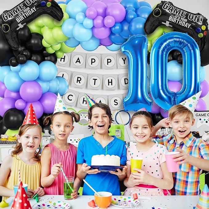 10th Birthday Video Game Balloons Arch, 10th Party Balloons Garland Kit 10th Birthday Supplies with Blue Number 10 Balloon Game Foil Balloons for 10 Year Old Teens Boys Decor