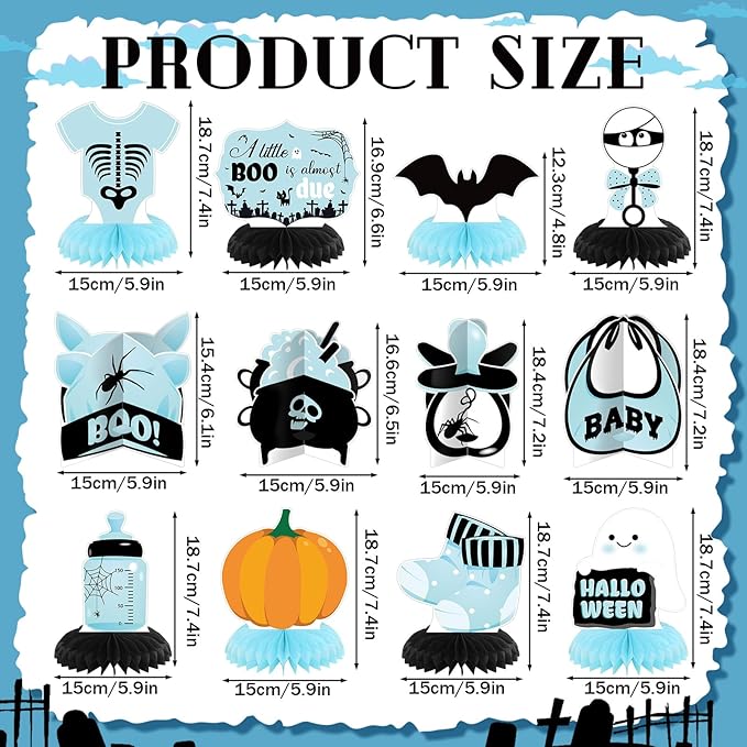 12 Pcs Blue Halloween Baby Shower Decorations a Little Boo Is Almost Due Honeycomb Centerpieces Bat Ghost Skull Halloween Baby Shower Table Decoration Table Topper for Party Favors
