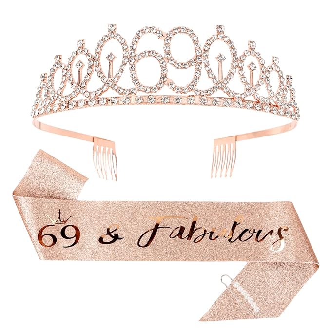 CIEHER 69 & Fabulous Birthday Set: Crown, Sash, Pearl Pin - 69th Birthday Decorations & Gifts for Women
