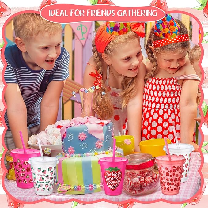 Sieral 30 Pcs Strawberry Cups with Straws and Lids 16 oz Cute Strawberry Cups Pink Clear Plastic Tumblers Reusable Iced Coffee Travel Mug for Sport Theme Party Supplies Decorations