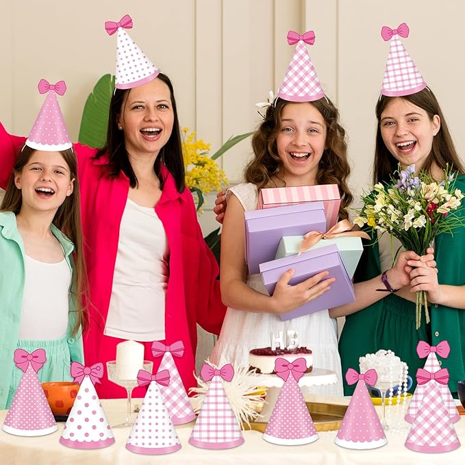 24pcs Pink Cat Party Hats Bow Birthday Party Supplies Cartoon Cute Cone Hats Pink Cat Stripe Dot Paper Hat with Elastic String for Girls Baby Shower Bridal Shower Decorations
