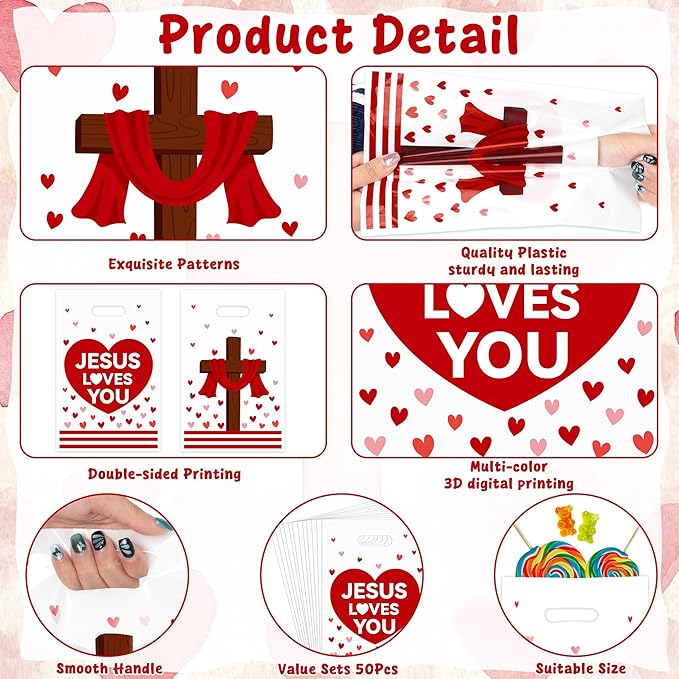 Jesus Loves You Party Favor Bags - 50Pcs Red Heart Jesus Cross Christian Goody Candy Treat Bags for Baptism Party Decorations for Valentine’s Day Religious Church Sunday School Birthday