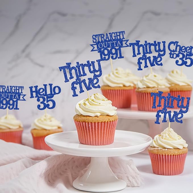Ephlyn 24Pcs Happy 35th Birthday Cupcake Toppers Blue Thirty Five Cupcake Picks Hello 35 Cheers to 35 Years Birthday Cake Decorations for 35th Birthday Anniversary Party Decor Supplies