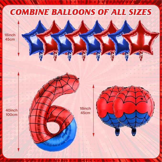 40 Inch Spider Theme Number Balloon, Number Block Foil Number 6 Balloons Large Big Numbers Helium Balloon for Girls Boys 6th Birthday Theme Party Decorations (Number 6)