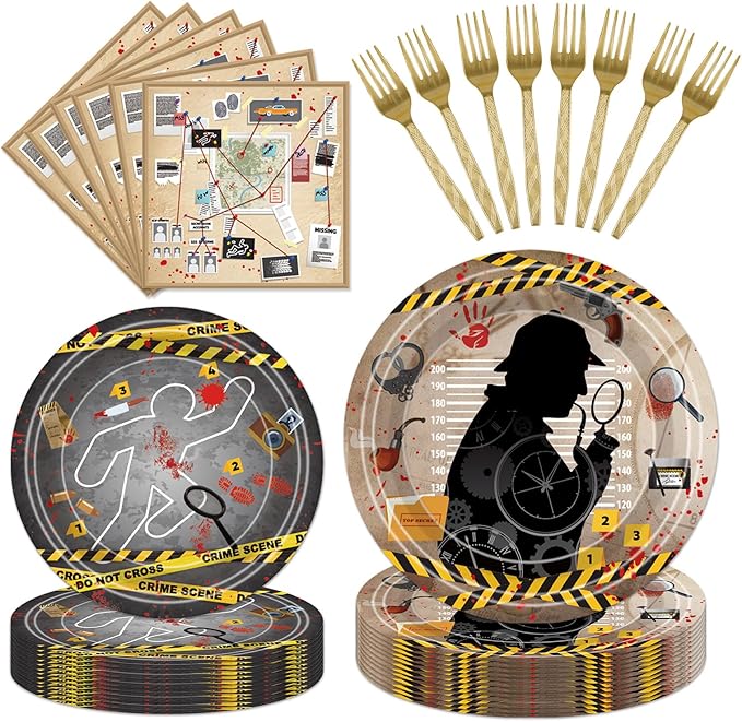 96 Pcs Mystery Party Decorations Supplies – Detective Crime Scene Theme Plates Napkins Forks Set for Dinner Game Night Escape Room Party Serves 24