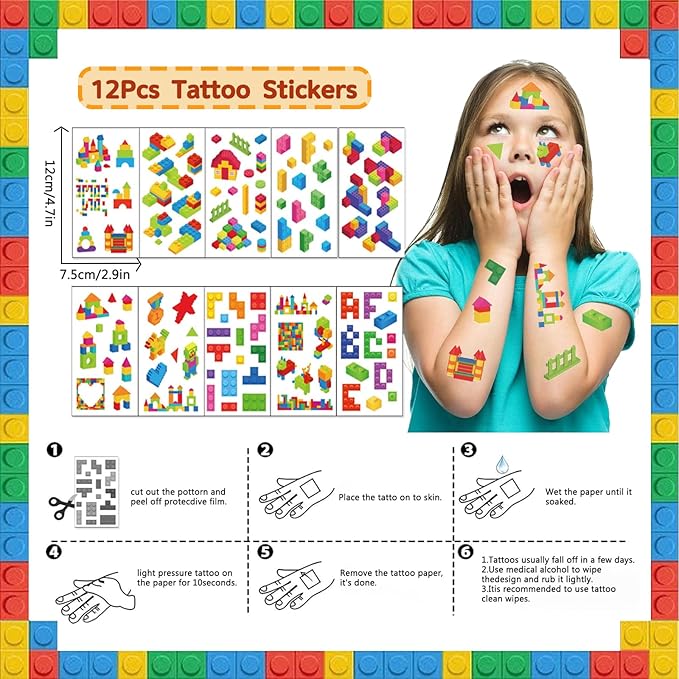 Bluegogo 104Pcs Building Block Birthday Party Favors for Kids Include Mini Notebook Pens Straws Keychains Erasers Wristbands Stickers Bags for Building Blocks Birthday Party Supplies