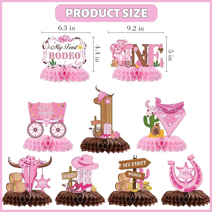 My First Rodeo Decorations Girl - 9 Pcs Pink Cowgirl Honeycomb Centerpieces Table Decor for Western Cowgirl 1st Birthday Party Supplies