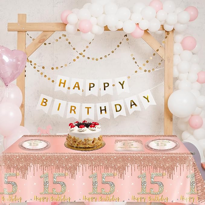 15th Birthday Decorations for Girls,Rose Gold 15 Year Old Birthday Party Supplies Include 15th Birthday Party Plates and Napkins,Tablecloth Kit,15 Birthday Tableware Set for Girls Teen Party Decor