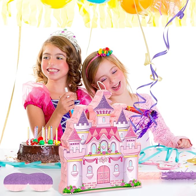 Princess Castle Piñata Bundle Girl Princess Party Piñata Set Include Pink Castle Piñata stick and Blindfold Mask for Princess Theme Birthday Party Supplies Decor, 16.1 x 13.4 x 3.2 Inch