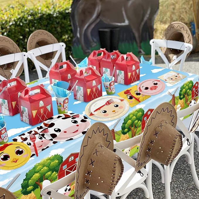 Farm Birthday Party Plates Set for 20 Guests, Including Animals Tablecloth, Napkins, Forks and Plates for Baby Shower Farm Birthday Decorations