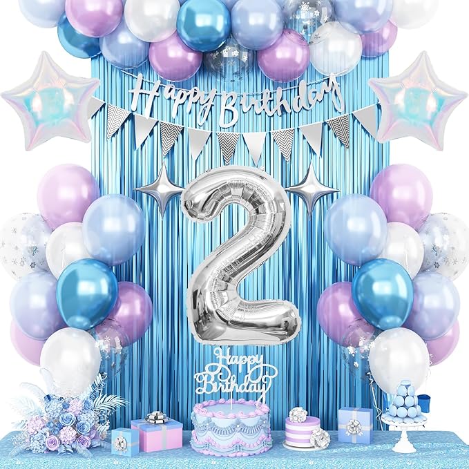 2nd Snow Birthday Decorations for Girl, Blue Purple Balloons with Happy Birthday Banner Curtain Silver Number 2 Balloon Iridescent Star Foil Balloons for Girls Baby Shower Birthday Party Supplies